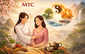 Illustration de la Médecine Traditionnelle Chinoise : praticienne, plantes médicinales et yin-yang